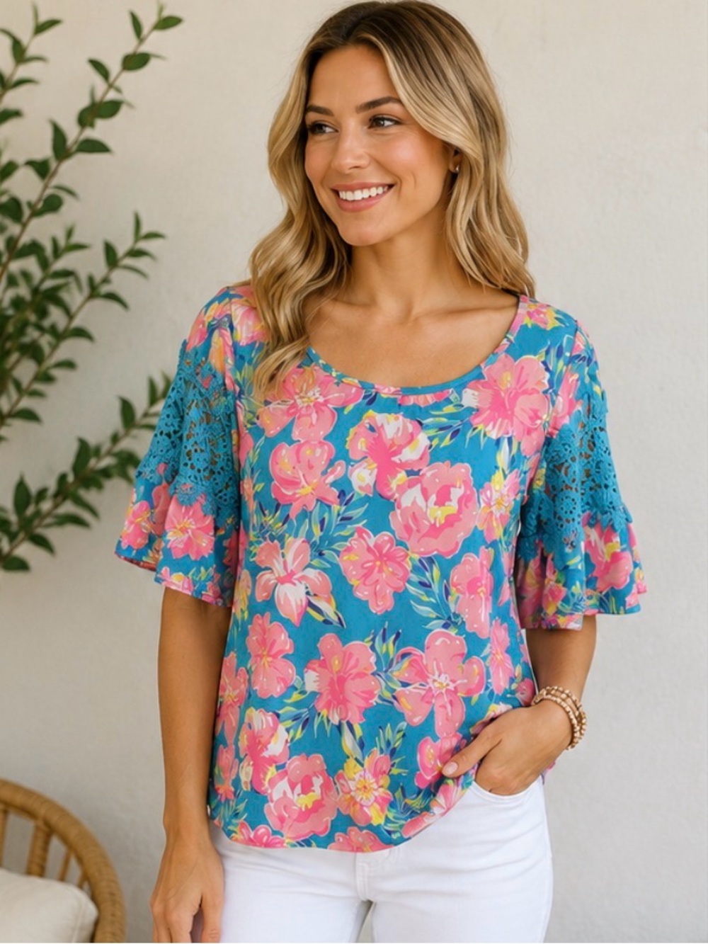 29 Simply Southern Floral Crochet Lace Sleeve Top Small Teal Pink Boho